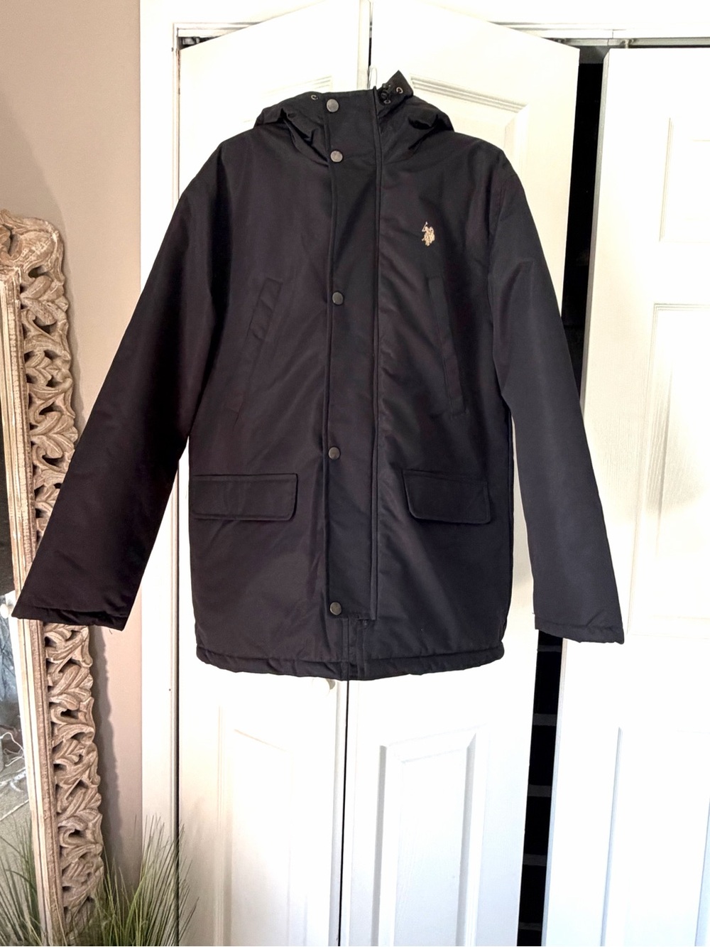 U.S. Polo Assn. Men’s Hooded Parka Jacket Black Winter Coat Medium